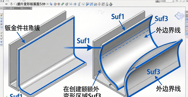 变形区域Proe钣金展开方式_钣金变形区域展开特点_钣金成形模拟展开