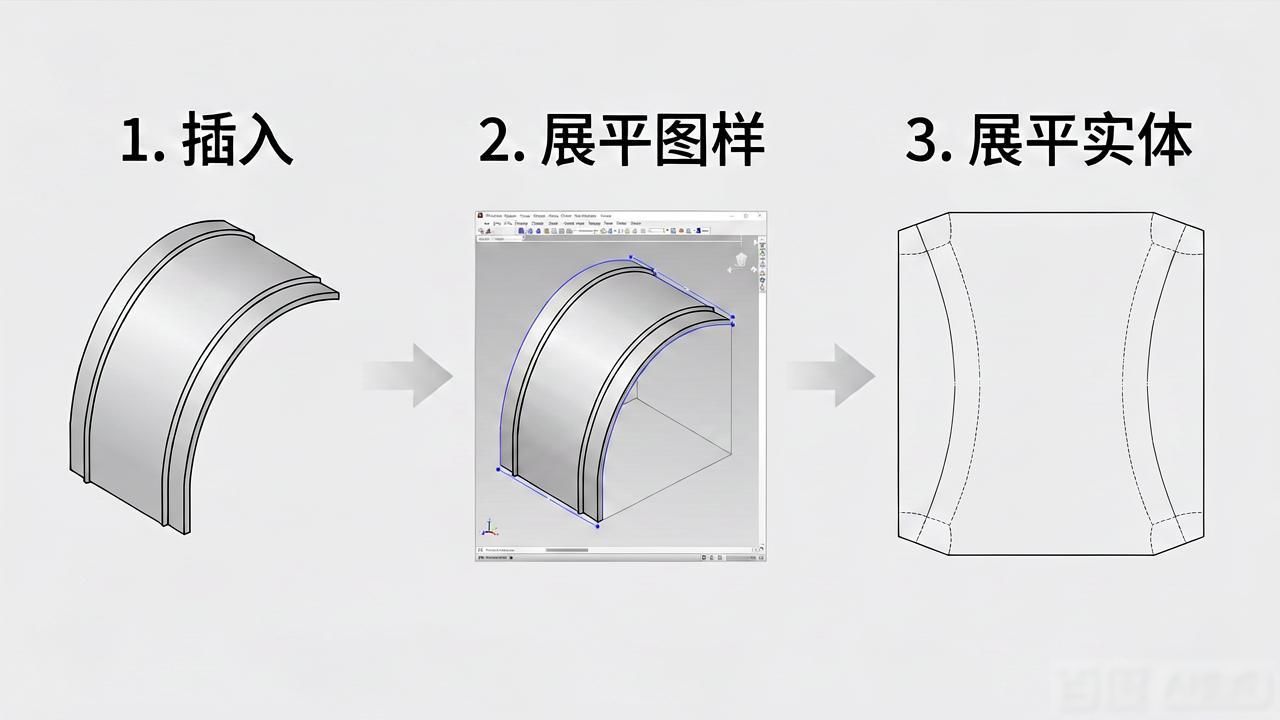 SolidWorks钣金圆弧缺失部分展开教程_钣金圆弧曲面展开_SolidWorks钣金拆分体展平方法
