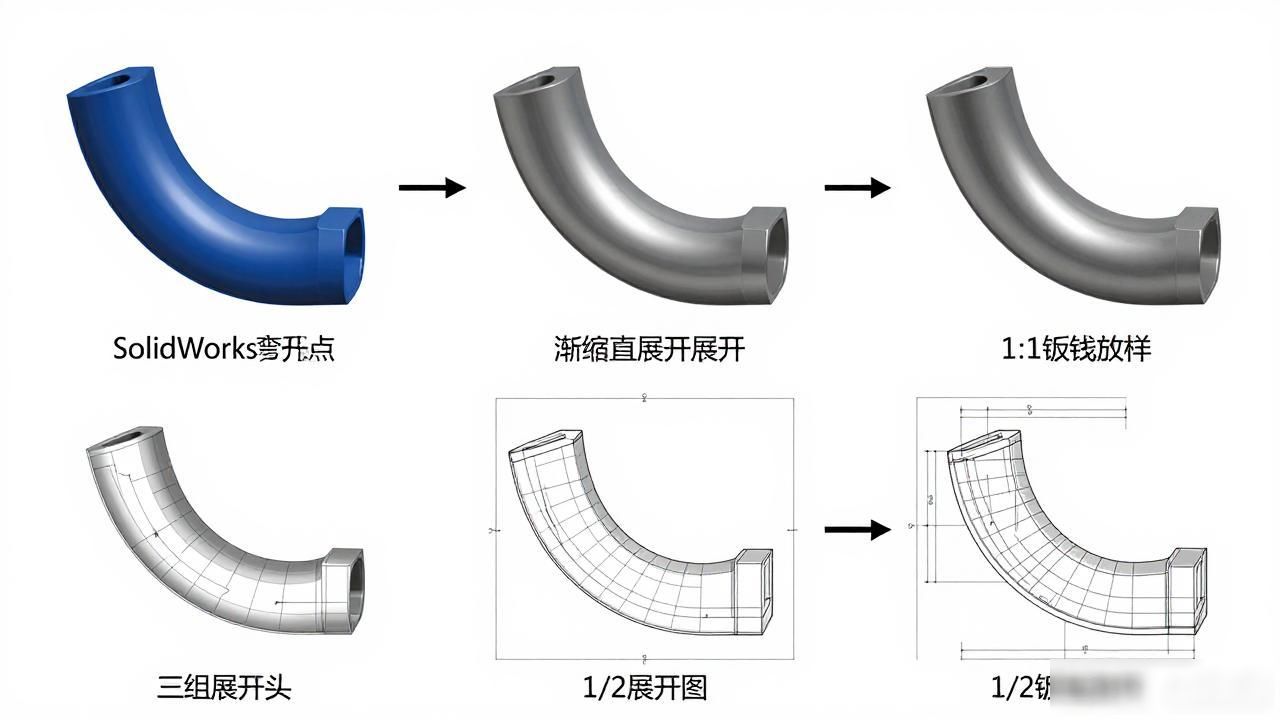 钣金弯头放样展开_SolidWorks钣金放样_渐缩弯头钣金展开