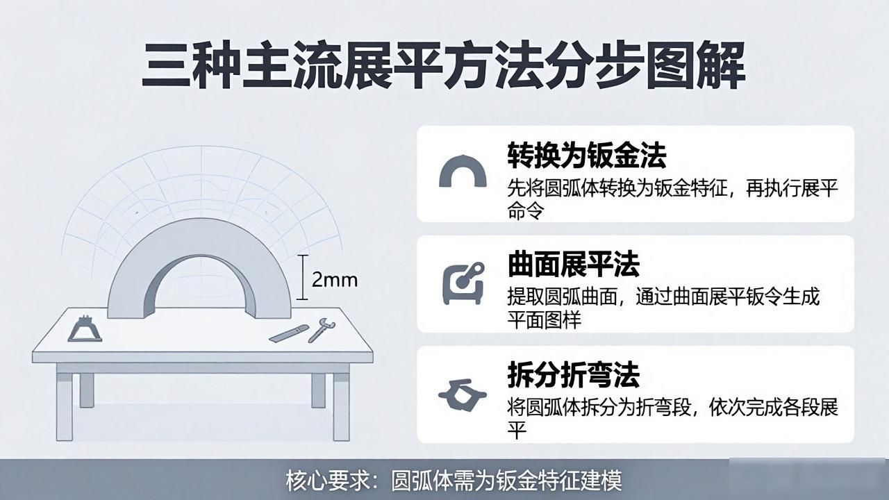 SolidWorks展平曲面方法_SolidWorks钣金圆弧展平_钣金圆弧面展开